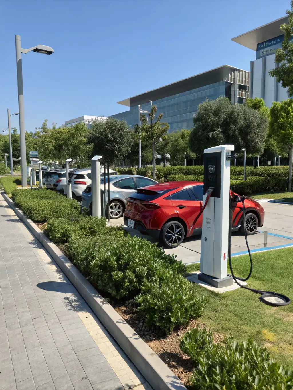 A dual-port EV charging station installed in a commercial parking lot, with several electric vehicles charging simultaneously, illustrating a public charging solution.