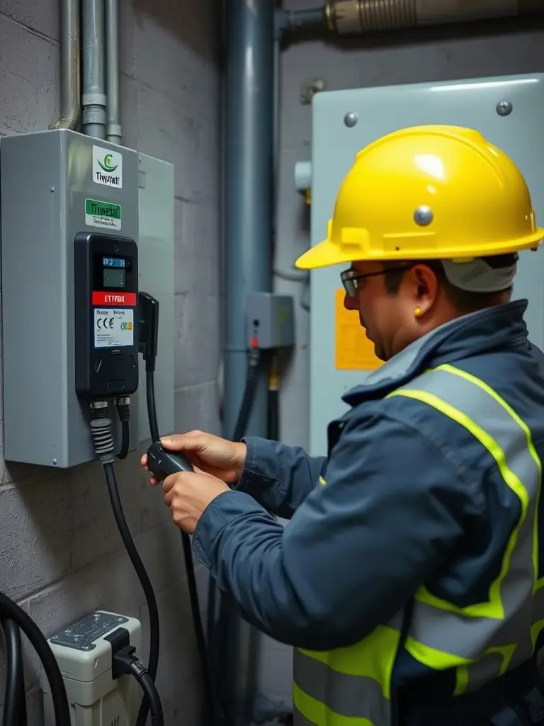 A close-up of an electrician professionally installing an EV charging station, highlighting the expertise and precision involved in the installation process.