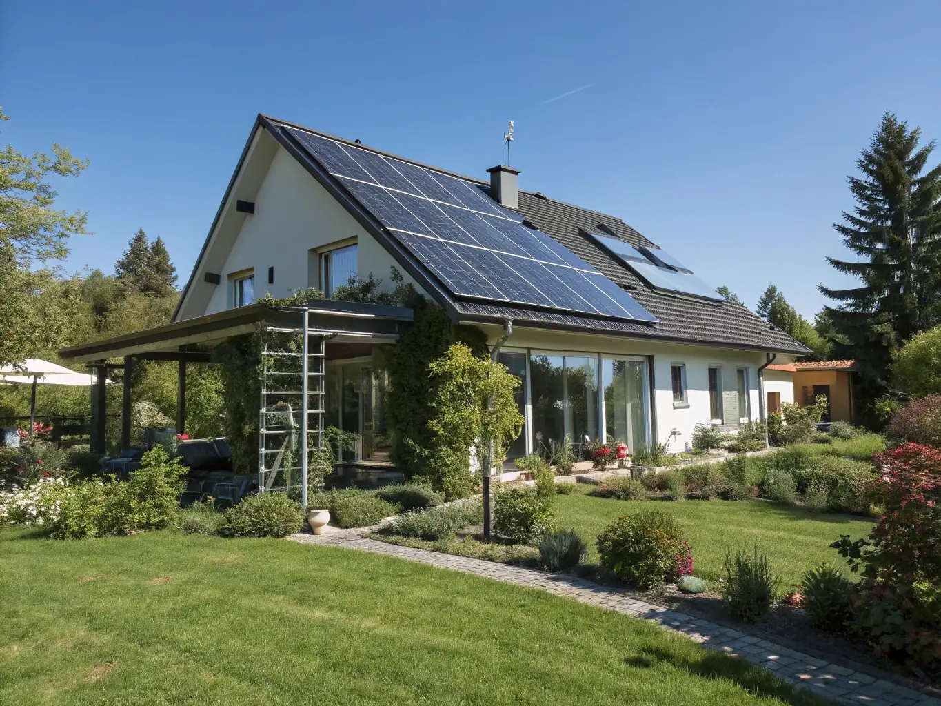 A modern home with sleek solar panels installed on the roof, showcasing a residential solar PV system. The image should convey energy efficiency and sustainability.