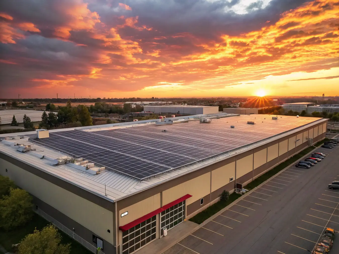 A commercial building with a large array of solar panels installed on the roof, demonstrating a commercial solar PV system. The image should emphasize scalability and cost-effectiveness.