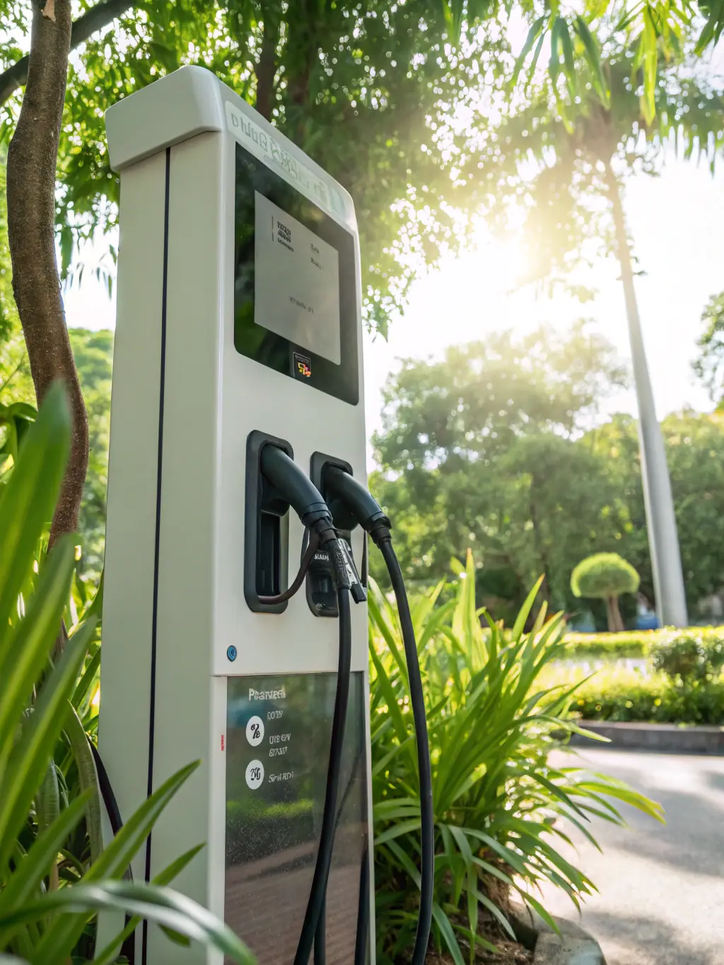 An electric vehicle connected to a charging station with a visible display showing real-time charging data and energy consumption, emphasizing the benefits of monitoring and efficiency.